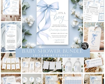 Blue Bow Baby Shower Invitation Bundle (Digital Download)
