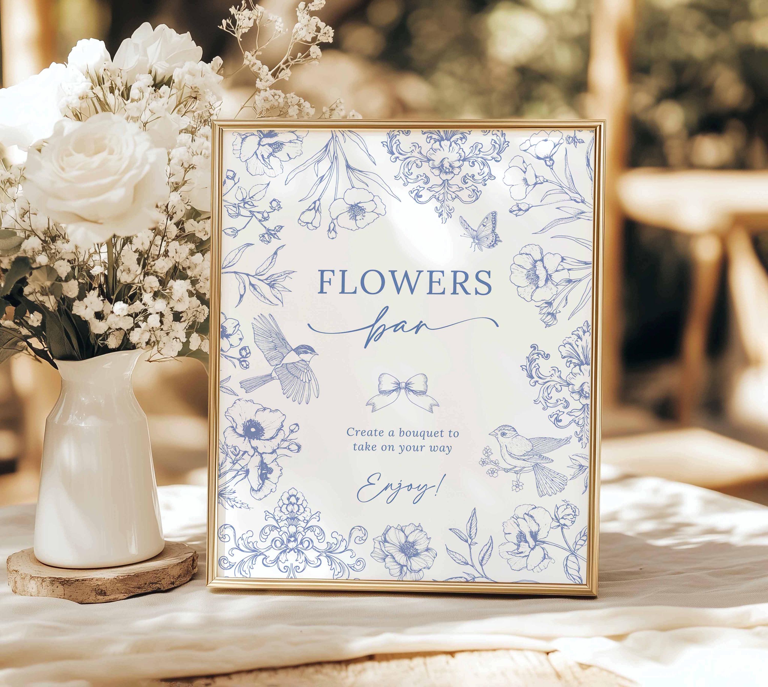 Flower Inn Sign Flower Bar Sign Template Blue Bridal Shower Flower Station Sign Toile ...