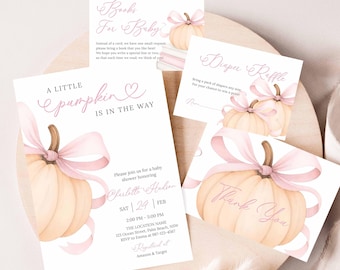 Fall Baby Shower Bundle, Pink Bow Pumpkin Invitation (Editable Download) P30