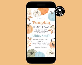 Blue Pumpkin Baby Shower Invitation Little Pumpkin Boy Pumpkin Invite Fall Themed Baby Shower Party Pumpkin Invitation Boy Baby Shower p6