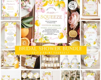 May include: A printable bridal shower bundle with a lemon and floral theme. The bundle includes an invitation, menu, thank you card, water bottle labels, cupcake toppers, and more. The text on the invitation reads "She found her main squeeze. Join us to celebrate the bride-to-be, Madison Hudson."