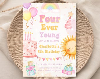 Invitación de cumpleaños "Cuatro años siempre jóvenes", para niña de 4 años (descarga digital)