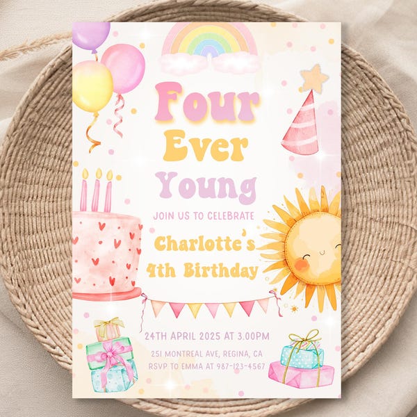 Inbjudningsmall för fyra ständigt unga, flicka, 4-årsdagsinbjudan, vårfestinbjudan, retro 4-åring, fjärde födelsedag, sommarfödelsedagsfest FE1