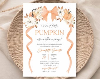 Little Pumpkin Baby Shower Invitation, Floral Pumpkin, Fall Bow (Digital Download)