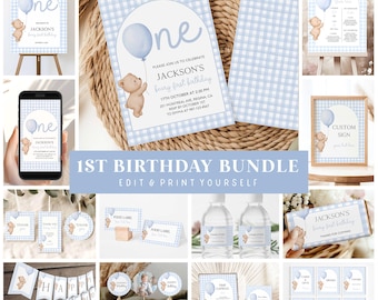 Blue Teddy Bear 1st Birthday Invitation Bundle (Digital Download)