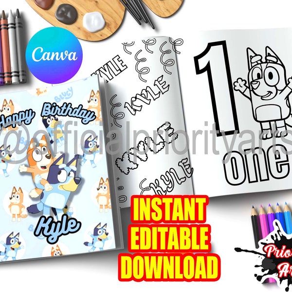 Bluey editable Coloring Book, Bluey editable files, bluey coloring book, canva editable files, bluey party, custom coloring books