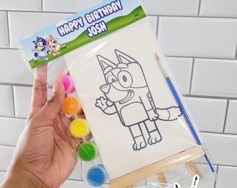 Blue dog paint party canvas kits, paint party favors, pre-drawn bluey canvases, paint party kits