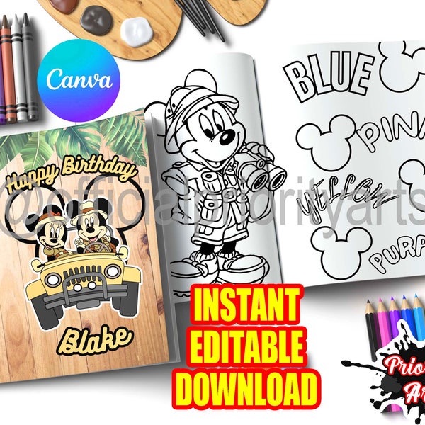 Libro da colorare modificabile di Safari Topolino, file modificabili di Safari Topolino, libro da colorare di Safari Topolino, file modificabili canva, libri da colorare personalizzati