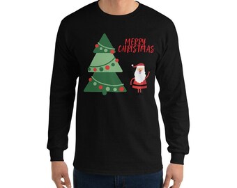 May include: Black long-sleeved t-shirt featuring a green Christmas tree and Santa Claus graphic. The text "Merry Christmas" is printed in red on the shirt.