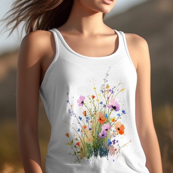 Debardeur Dos Nageur Léger Motifs Floral Fleurs été Vacances Soleil RacerBack Tank T-shirt Aquarelle Watercolor