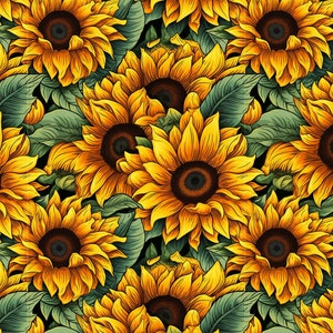 May include: A repeating pattern of sunflowers with yellow petals and dark brown centers. The sunflowers are surrounded by green leaves against a black background. The image is a seamless design, suitable for fabric or wallpaper.
