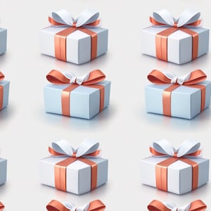 Może przedstawiać: Wzór 12 jasnoniebieskich pudełek prezentowych z białymi kokardkami i brzoskwiniową wstążką.