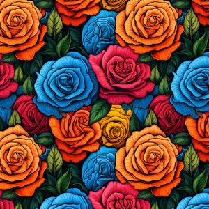May include: A seamless pattern featuring vibrant roses in shades of red, orange, blue, and pink. The roses are arranged in a repeating pattern, creating a colorful and eye-catching design.