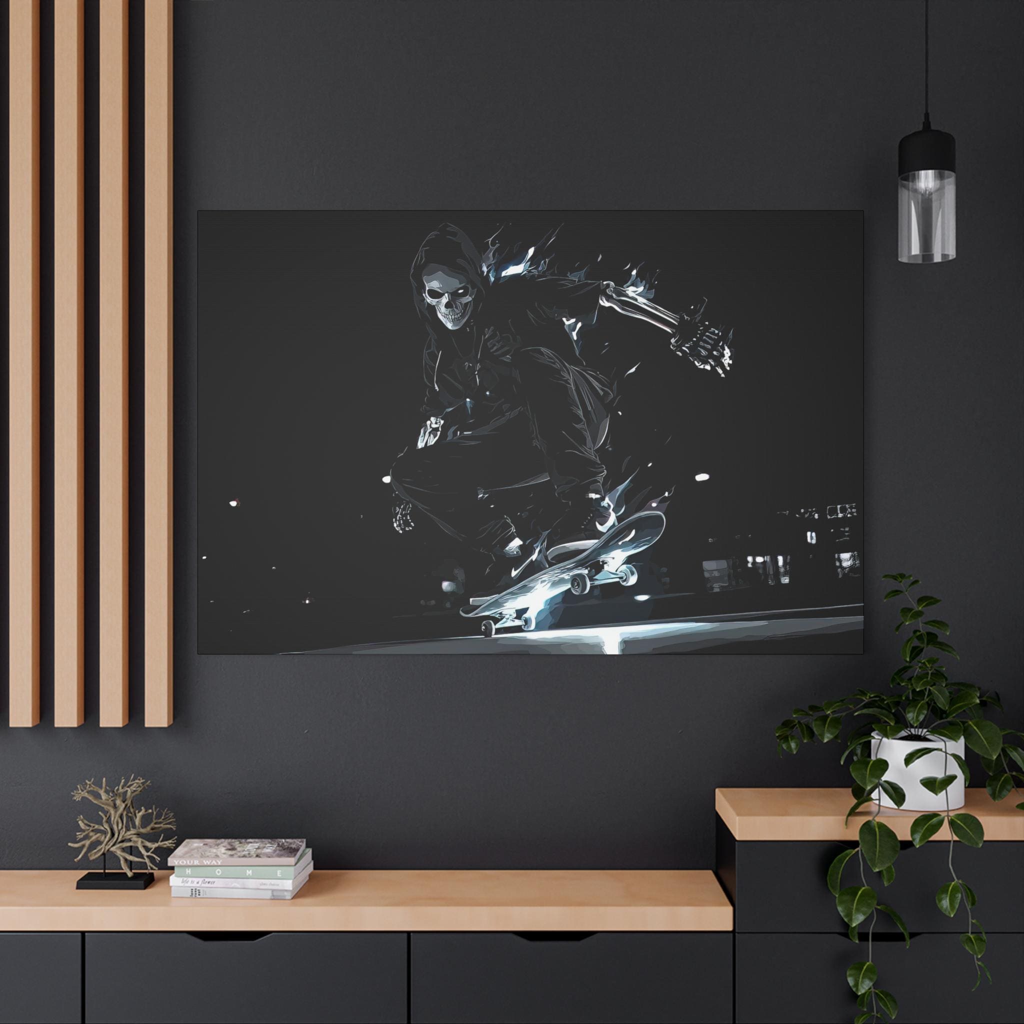 Skull skeleton skateboard wall art with gothic interior design