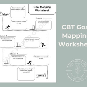 May include: Black and white printable worksheet for goal mapping with the title "CBT Goal Mapping Worksheet". The worksheet features a visual representation of a person running an obstacle course with three obstacles. Each obstacle has a space to write down potential solutions or tools to overcome the obstacle. The worksheet also includes spaces to write down actions to move towards the goal and the goal behavior or thought pattern to accomplish.
