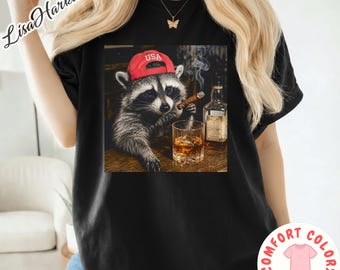 Funny Raccoon Whiskey Comfort Colors Shirt, Patriotic USA Raccoon Graphic Tee, Drunk Trash Panda Shirt, 4th Of July Party Animal Tee
