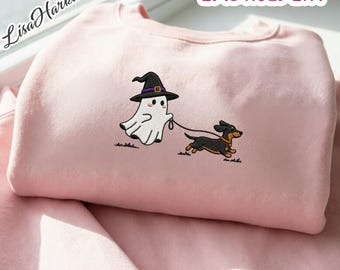 Embroidered Halloweenie Shirt, Halloween Dachshund Embroidered Shirt, Cute Ghost Dog Costume Tee For Dog Moms Fall T-Shirt For Doxie Lovers