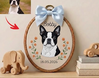 Personalized Embroidered Pet Portrait Hoop, Custom Dog Cat Name Keepsake, Floral Pet Memorial Gift, Pet Lover Home Decor