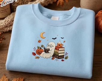 Embroidered Ghost Reading Books Sweatshirt, Spooky Season Book Lover Gift, Embroidered Cozy Season, Fall Vibes Sweatshirt