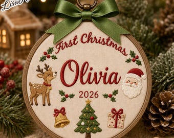 Personalized Baby’s First Christmas Ornament 2026, Custom Name Embroidery Hoop Keepsake, New Baby Christmas Ornament, Baby Name Keepsake