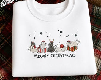 Embroidered Meowy Christmas Sweatshirt, Merry Catmas Sweater, Cute Cat sweater, Christmas Crewneck, Embroidered Holiday Shirt