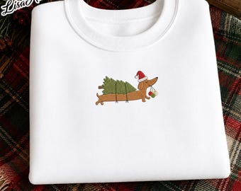 Dachshund Xmas Embroidered Sweatshirt, Christmas Embroidery Crewneck, Dog Mom Gift, Christmas Sweatshirt, Cute dog shirt
