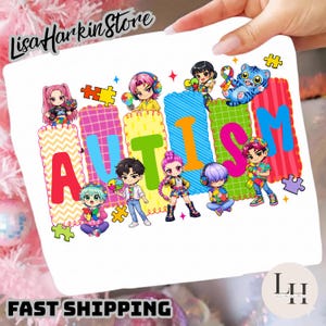 May include: White rectangular print featuring the word "AUTISM" in colorful block letters, with cartoon characters and puzzle pieces. The print includes the text "Lisa Harkin Store" and "FAST SHIPPING".