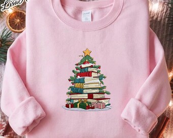 Embroidered Christmas Book Tree Sweatshirt, Bookworm Librarian Gift, Christmas Gift, Book Lovers Gift, Bookworm Christmas Sweatshirt