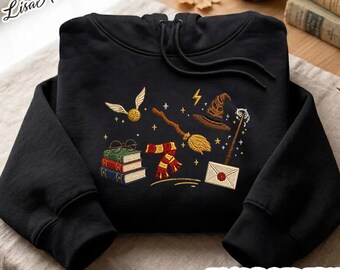 Embroidered Sweatshirt Wizard, Fantasy sweatshirt, Magic sweatshirt, School of Witchcraft and Wizardry, Magic wand, Wizard staff