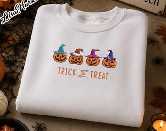 Trick Or Treat Pumpkins Embroidered Tee, Embroidered Pumpkin, Embroidered Fall Sweatshirt, Halloween Embroidered Sweatshirt, Spooky Season
