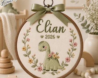 Personalized Dinosaur Embroidered Baby Name Hoop, Baby Name Reveal Sign Heirloom, Custom Teddy Bee Nursery Wall Decor, Baby Shower Gift