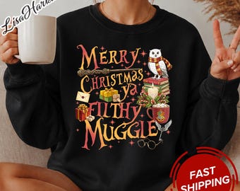 Merry Christmas Ya Filthy Muggle Sweatshirt, Funny Wizard Christmas Sweatshirt, Holiday Owl