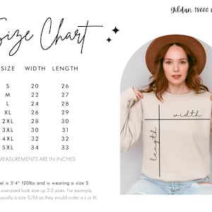 May include: A Gildan 18000 crewneck sweatshirt size chart displaying width and length measurements in inches for sizes S through 5XL. The chart includes a visual guide on a beige sweatshirt showing how to measure width and length.