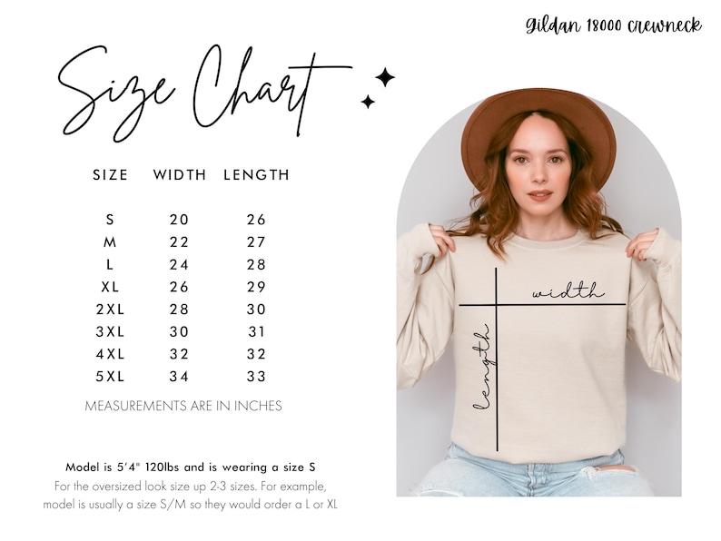 May include: A Gildan 18000 crewneck sweatshirt size chart displaying width and length measurements in inches for sizes S through 5XL. The chart includes a visual guide on a beige sweatshirt showing how to measure width and length.