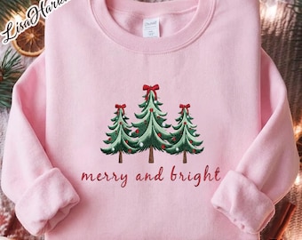 Merry and Bright Embroidered Sweatshirt, Christmas Tree Sweater, holiday sweater, Christmas Crewneck, Embroidered Holiday Shirt