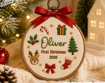 Personalized Baby’s First Christmas Ornament 2026, Custom Name Embroidery Hoop Keepsake, New Baby Christmas Ornament, Baby Name Keepsake