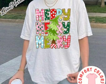 Christmas Comfort Colors® Shirt Preppy Merry T-shirt, Retro Holiday Aesthetic Tee Pink Colorful Girly Xmas Tshirt