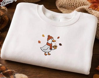 Goose Embroidered Fall Sweatshirt, Cute Fall Season Crewneck , Minimalist Maple Leaf Beige Pullover, Thanksgiving Gift