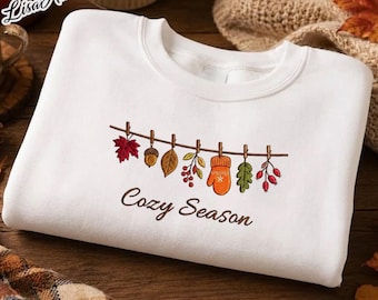 Embroidered Autumn Leaves Sweatshirt, Cute Fall Season Crewneck , Minimalist Maple Leaf Beige Pullover, Thanksgiving Gift, Cozy Season