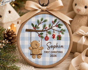 Personalized Baby’s First Christmas Ornament 2026, Custom Name Embroidery Hoop Keepsake, New Baby Christmas Ornament, Baby Name Keepsake