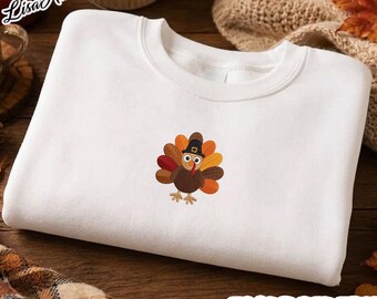 Embroidered Turkey Sweatshirt, Fall vibes Embroidery Crewneck, Cozy Autumn Tee, Cozy Fall Sweatshirt, Thanksgiving Sweatshirt