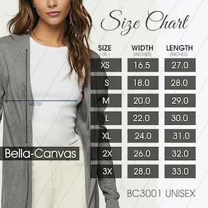 Bella Canvas 3001 Tabla de tallas, Bella Canvas 3001 Guía de tallas, Tabla de medidas de camisetas Guía de tallas, Tabla de tallas impresa bajo demanda, Gris