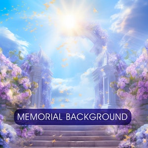 May include: A digital background image featuring a white archway adorned with purple flowers, leading to a bright, sunny sky. The archway is flanked by stairs and surrounded by a field of purple flowers. The text "MEMORIAL BACKGROUND" is displayed at the bottom of the image.