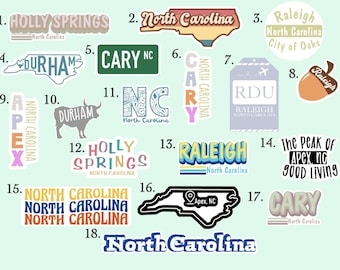 North Carolina Sticker Packs | Raleigh | Cary | RDU | Water Bottle Sticker | Laptop Sticker | Waterproof Sticker | Triangle, NC Gift | Vinyl