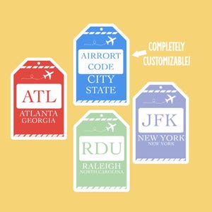 May include: Four colorful luggage tags with white borders and airplane icons. The tags are labeled with airport codes, city, and state. The text reads: ATL Atlanta Georgia, AIRRORT CODE CITY STATE, RDU Raleigh North Carolina, JFK New York New York.