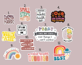 Set of 12 Vinyl Waterproof Mental Health Wellness Stickers | Journal Planner Laptop Stickers | Positivity Self Care Recovery Sticker Pack