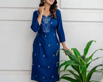 Women's Blue Rayon Kurti Pant Set: Embroidered Indian Outfit