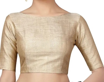 Handmade Golden Silk Saree Blouse: Indian Designer Half Sleeve