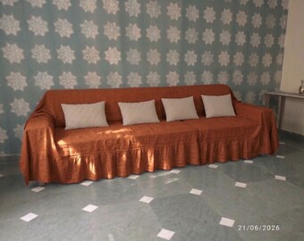 Custom Brown Linen Sofa Cover with Ruffle Skirt – Rustic Farmhouse Couch Slipcover