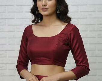 Ręcznie robiona jedwabna bluzka do sari: indyjski designerski top w kolorze wina